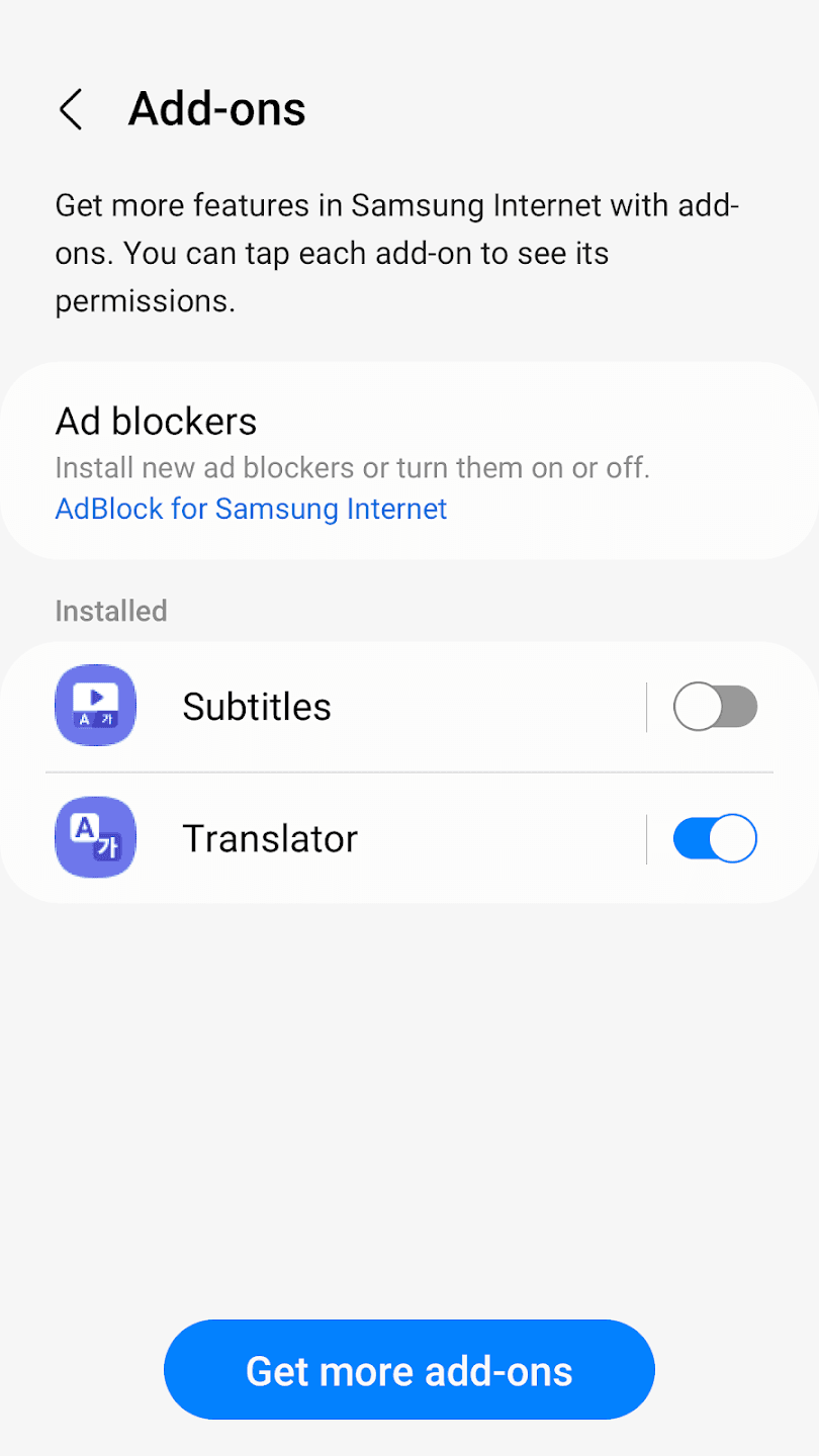 Add-ons in Samsung Internet